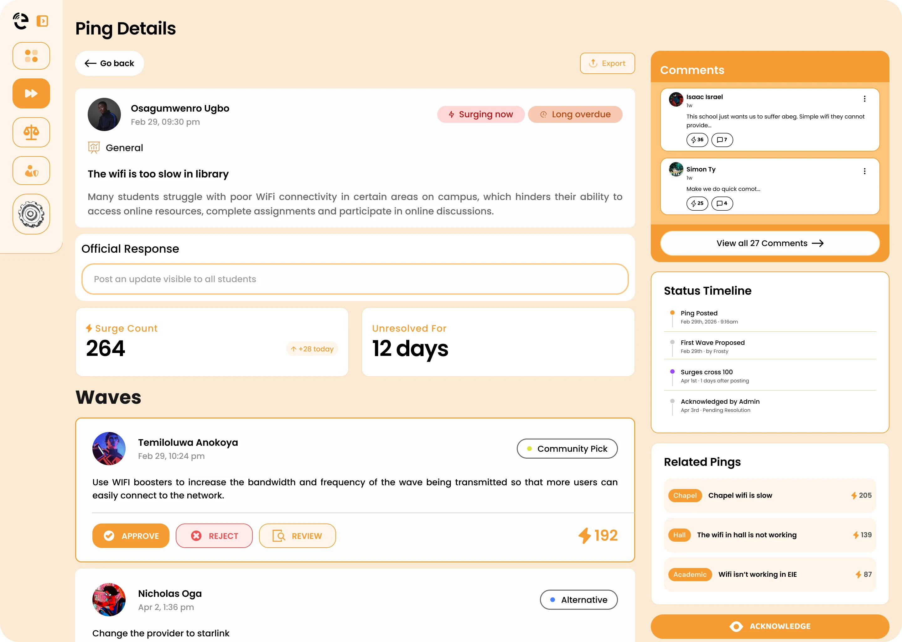 Echo leader view: a dashboard showing student pings, issue statuses, and action items for institutional leadership